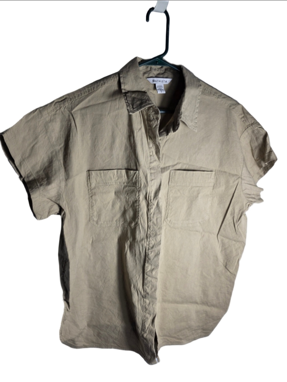 Women's Athleta Button Down Shirt Size S Beige Short Sleeve Top casual workwear